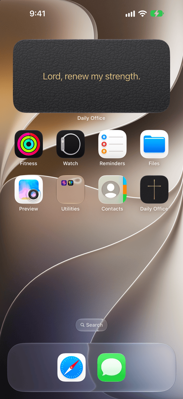 An iPhone Home Screen with a Prayer Card widget: a short prayer in gold on black leather, and the Daily Office icon beside the other apps.