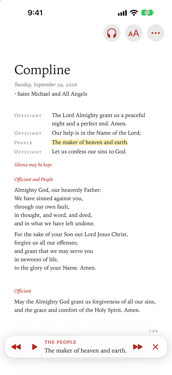 Compline on iPhone being read aloud: the People’s line “The maker of heaven and earth” is highlighted in yellow, and the voice’s controls sit at the foot of the page.