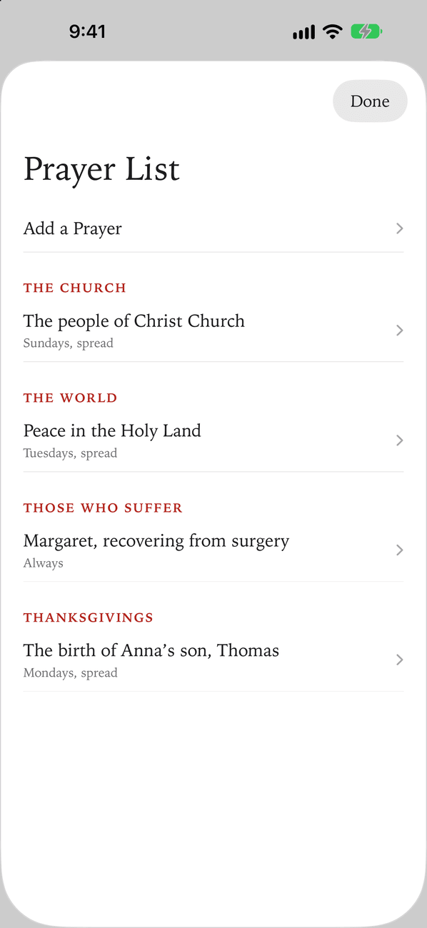The Prayer List on iPhone: prayers under The Church, The World, Those Who Suffer and Thanksgivings, each with the days it comes up.