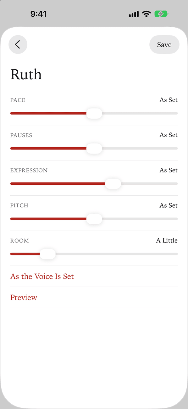 Settings, Voice, on iPhone: sliders for Pace, Pauses, Expression, Pitch and Room.