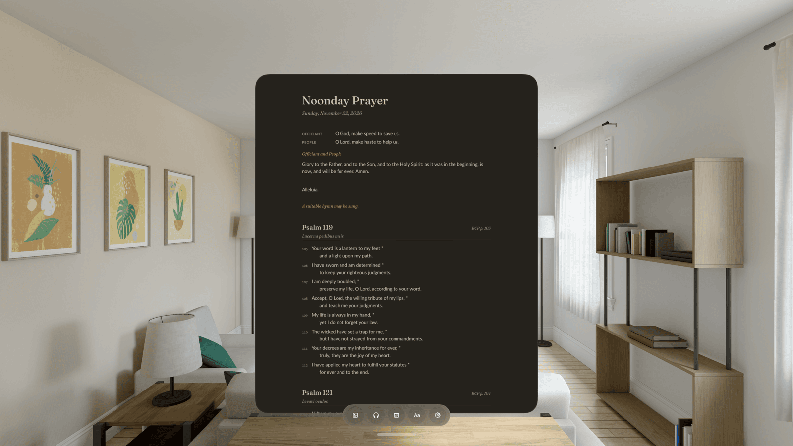 A page of the office in Daily Office in a window on Apple Vision Pro.