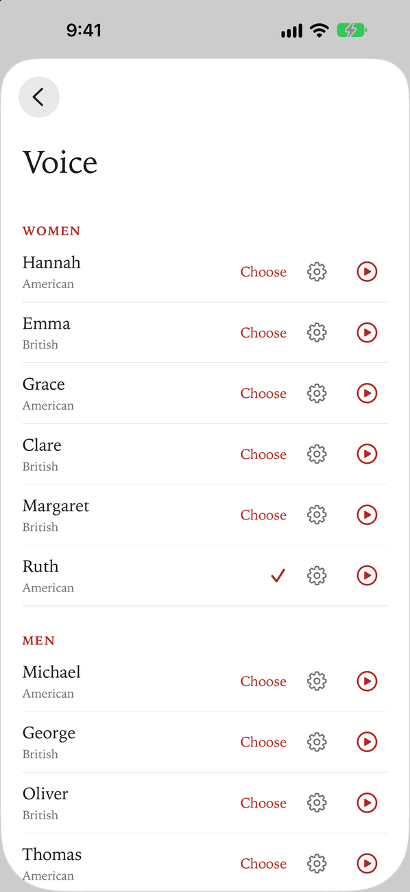 Settings, Voice, on iPhone: the reading voices listed under Women and Men, each with its accent.